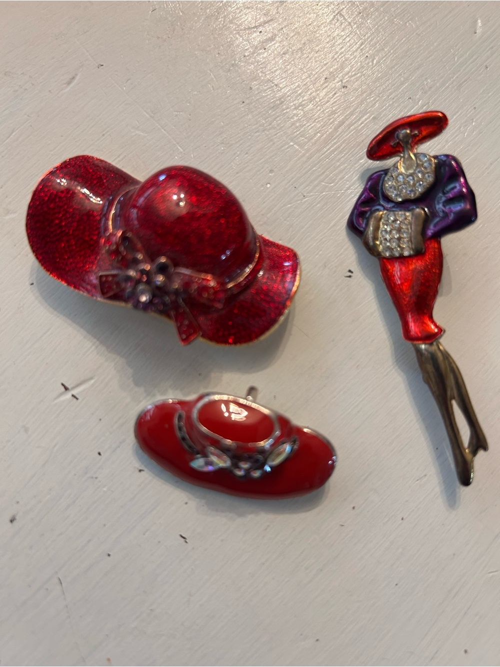 Bundle Red Hat Society Brooches Pins Gold Tone Red Enamel  Rhinestones